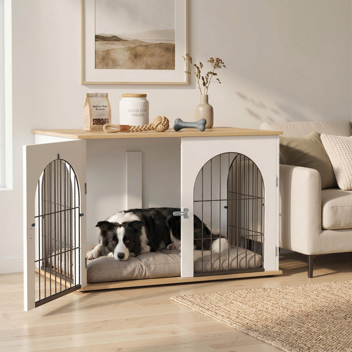 PawNora Large Dog Crate Furniture – Arched Indoor Kennel with Side Table