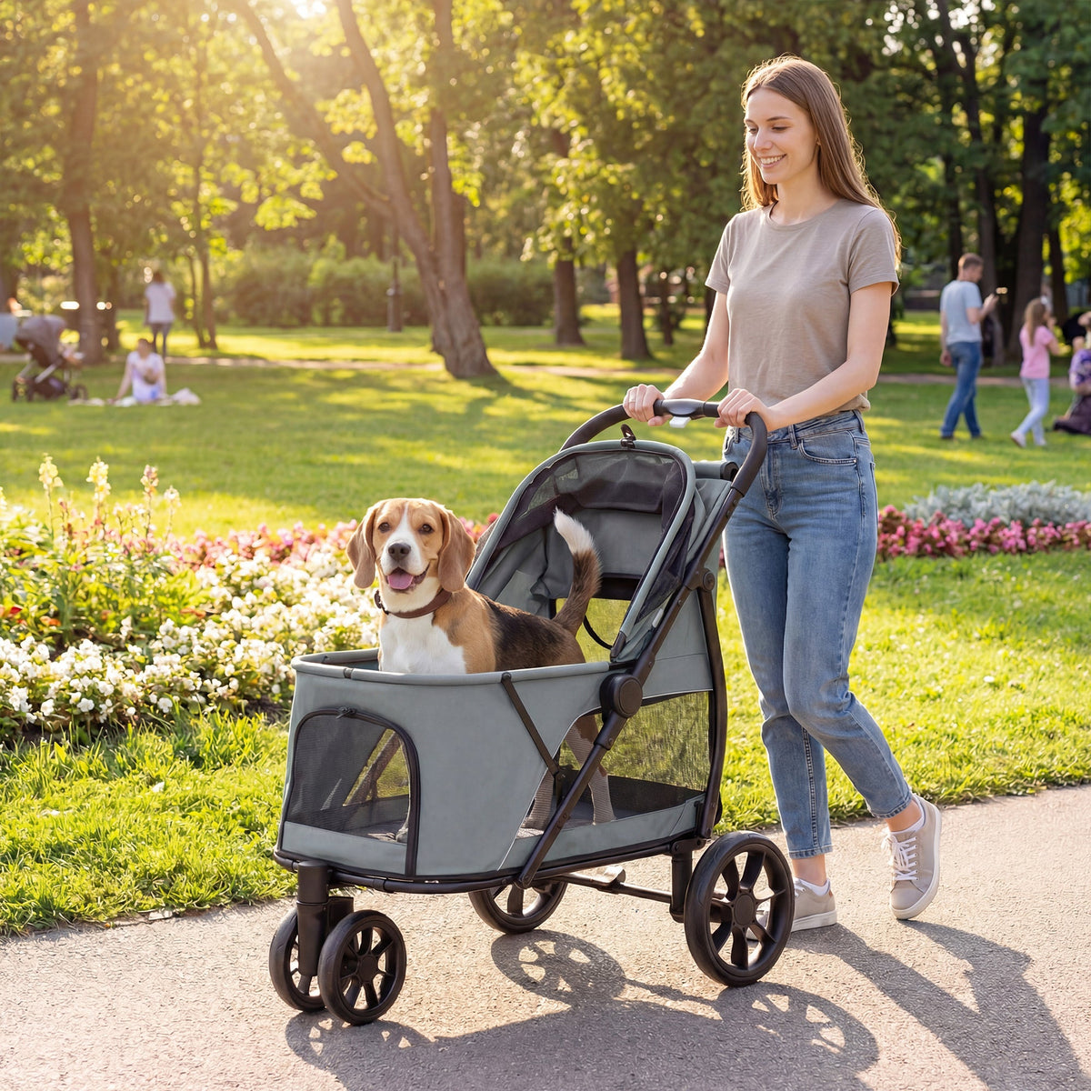 PawNora Foldable Dog Stroller – All-Terrain Pet Pram with Spacious Cabin
