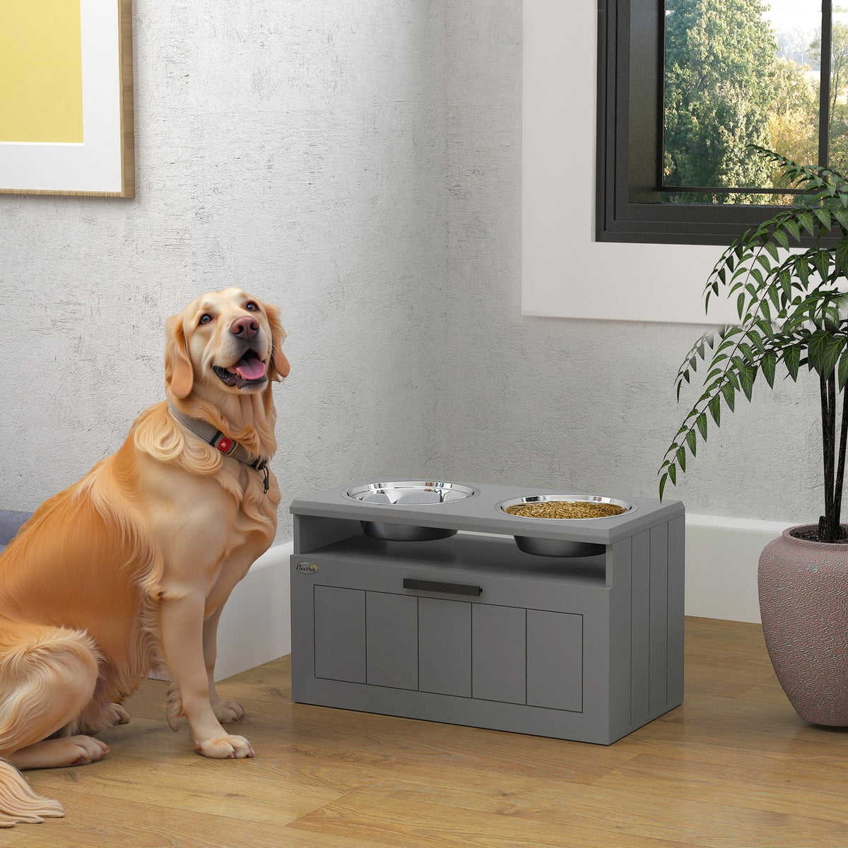 PawNora Elevated Slow Feeder Dog Bowl Station – 2 Stainless Steel Bowls with Storage