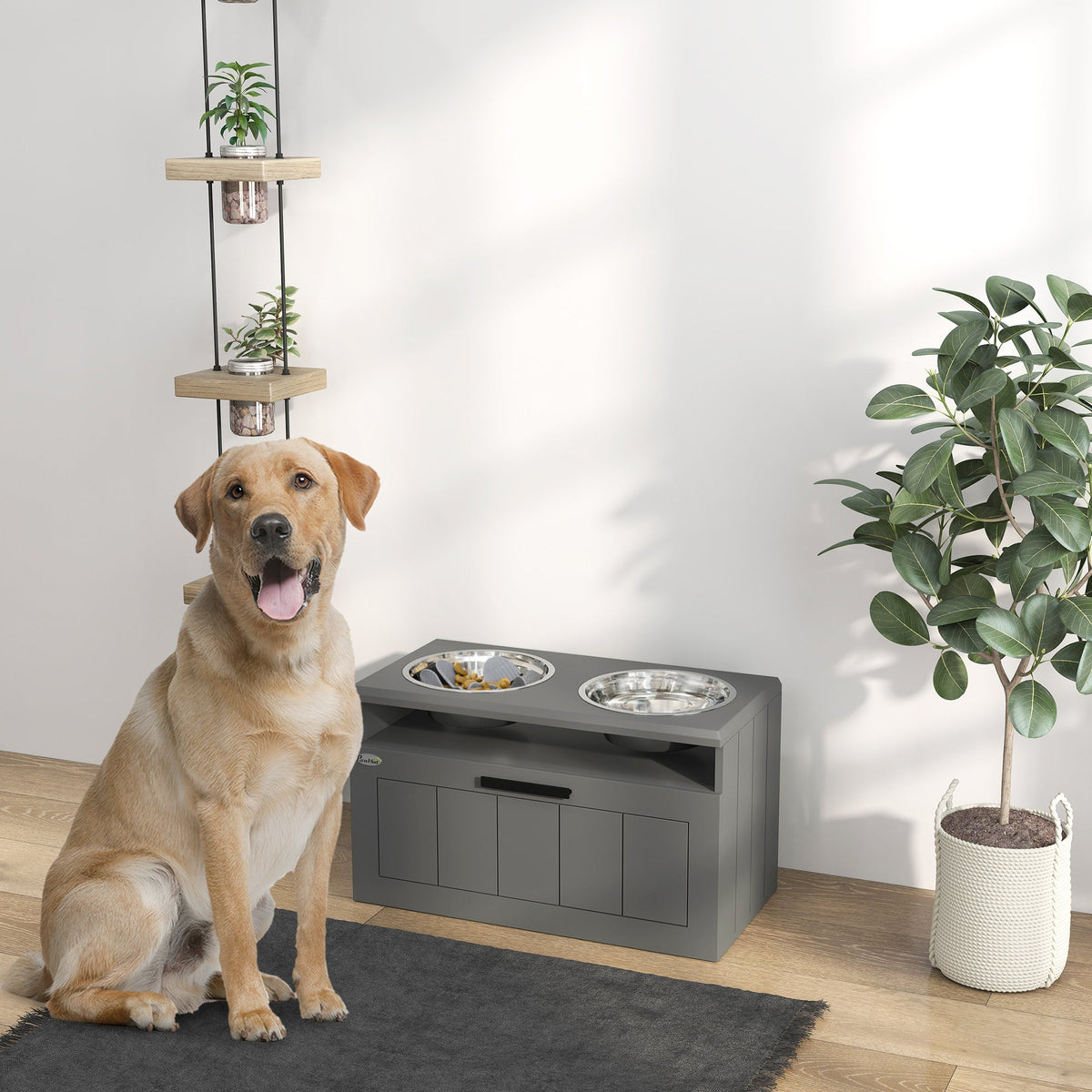 PawNora Elevated Slow Feeder Dog Bowl Station – 2 Stainless Steel Bowls with Storage