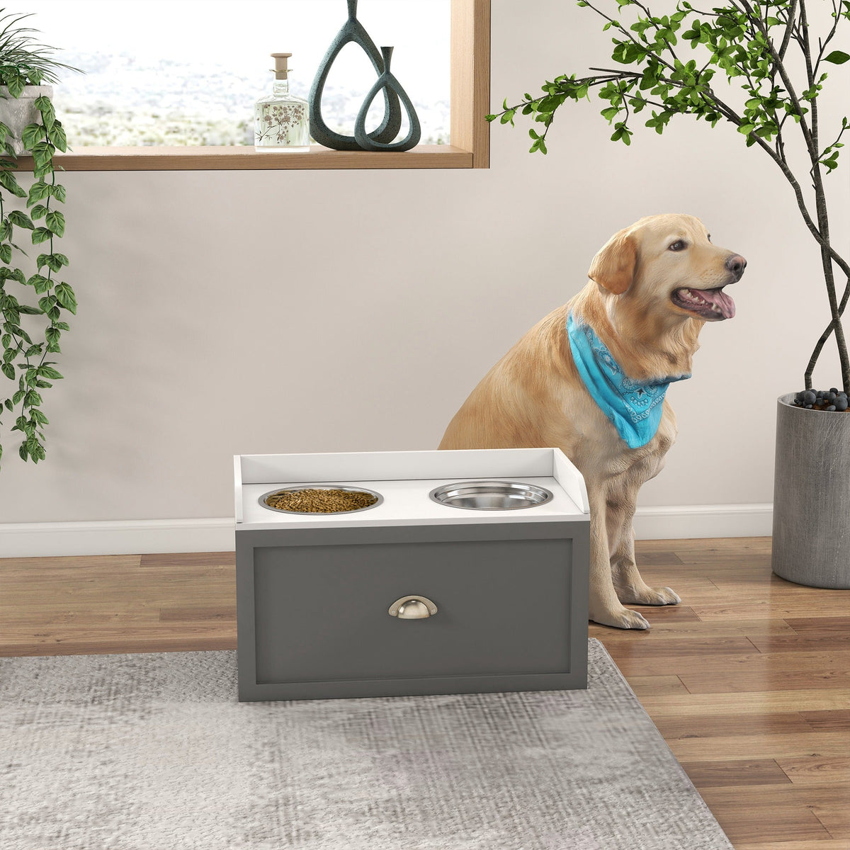 PawNora Elevated Dog Feeder – 2 Stainless Steel Bowls with Storage Drawer