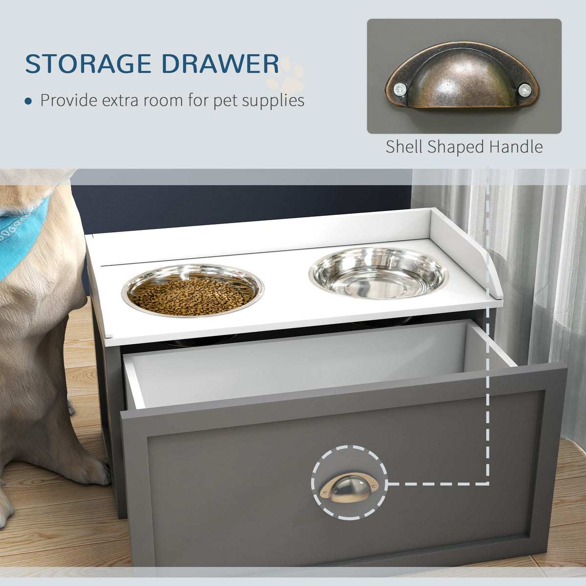 PawNora Elevated Dog Feeder – 2 Stainless Steel Bowls with Storage Drawer