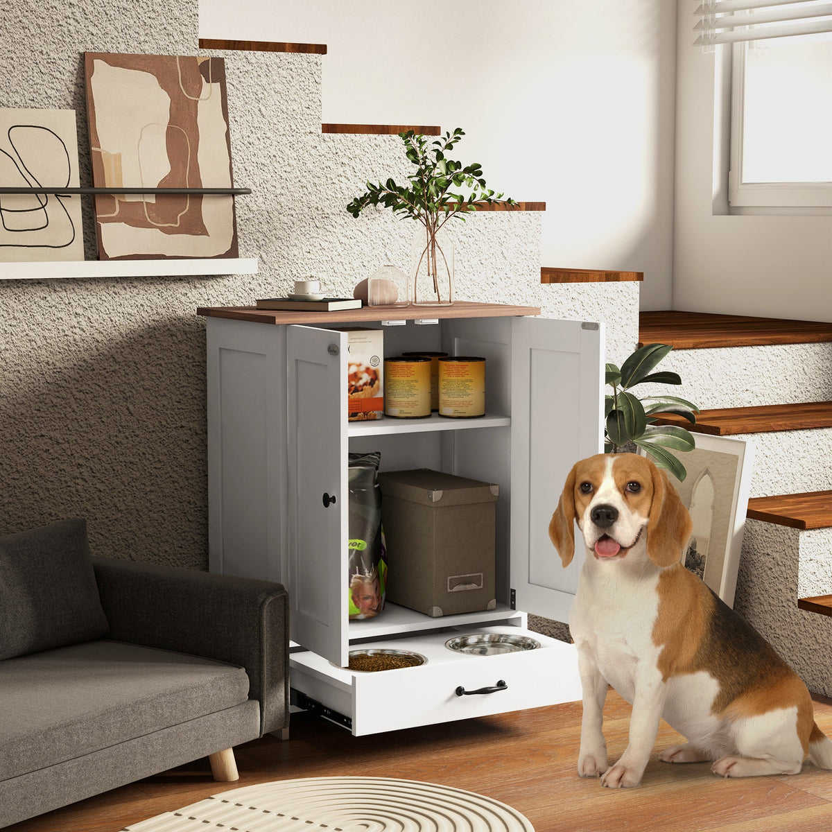 PawNora Dog Feeding Station – Hidden Bowls with Food Storage Cabinet